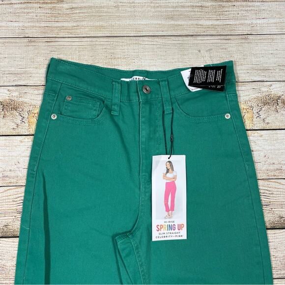 NEW Celebrity Pink Green Slim Straight Ripped Knee Denim Jeans Juniors Size 5/27 - Picture 2 of 11